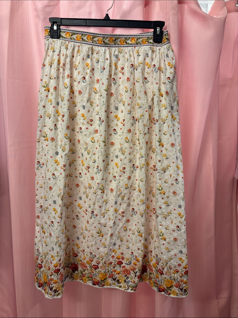Max Studio Cream A-Line Floral Midi Skirt with Yellow & Pink Accents